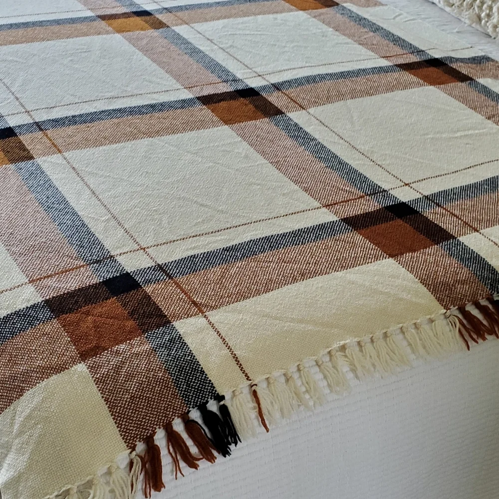 We Three Weavers Handwoven 100% Wool Cream/Black/Terra Cotta Plaid Throw Blanket